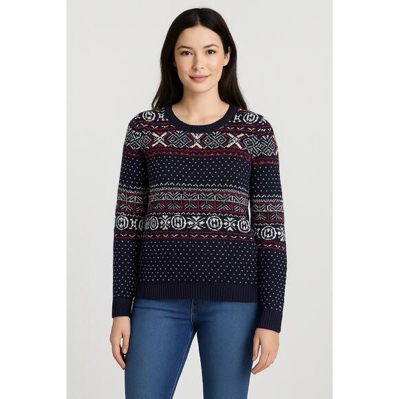 Tommy Hilfiger Fair Isle Knit Sweater Women’s Size M Navy Red White Holiday - Picture 1 of 6